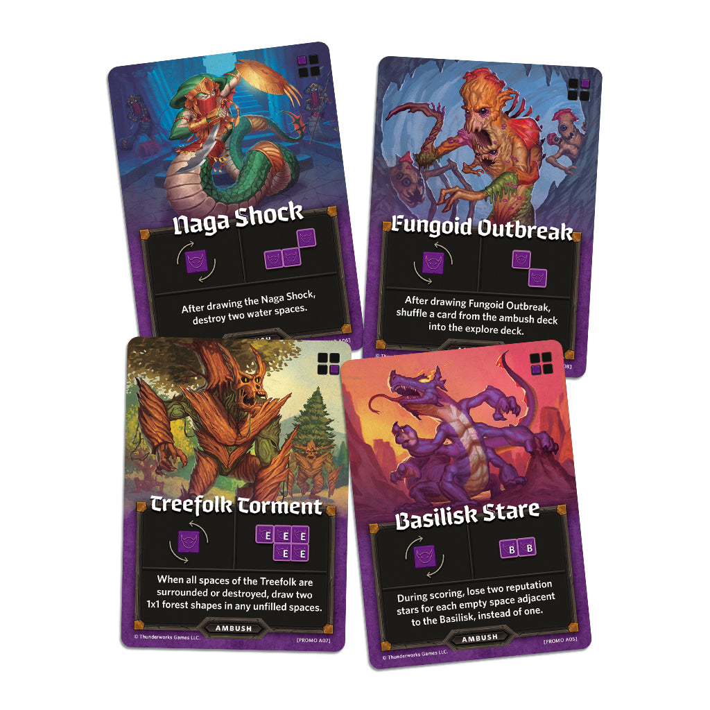 Four game cards from Cartographers Ambush 2 mini-expansion, with illustrations depicting a Naga Shock, Fungoid Outbreak, Treefolk Torment, and Basilisk Stare