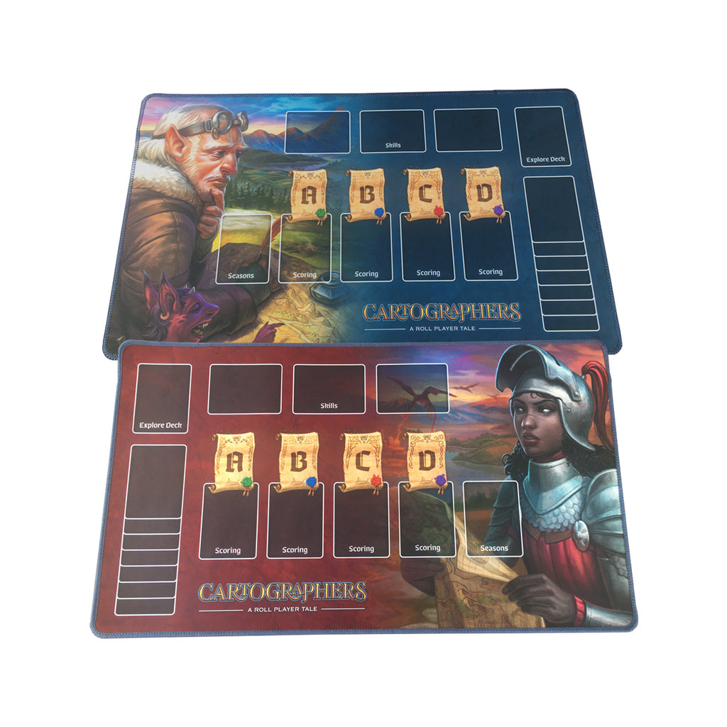 Showing both sides of the Cartographers playmat. The red side and the blue side