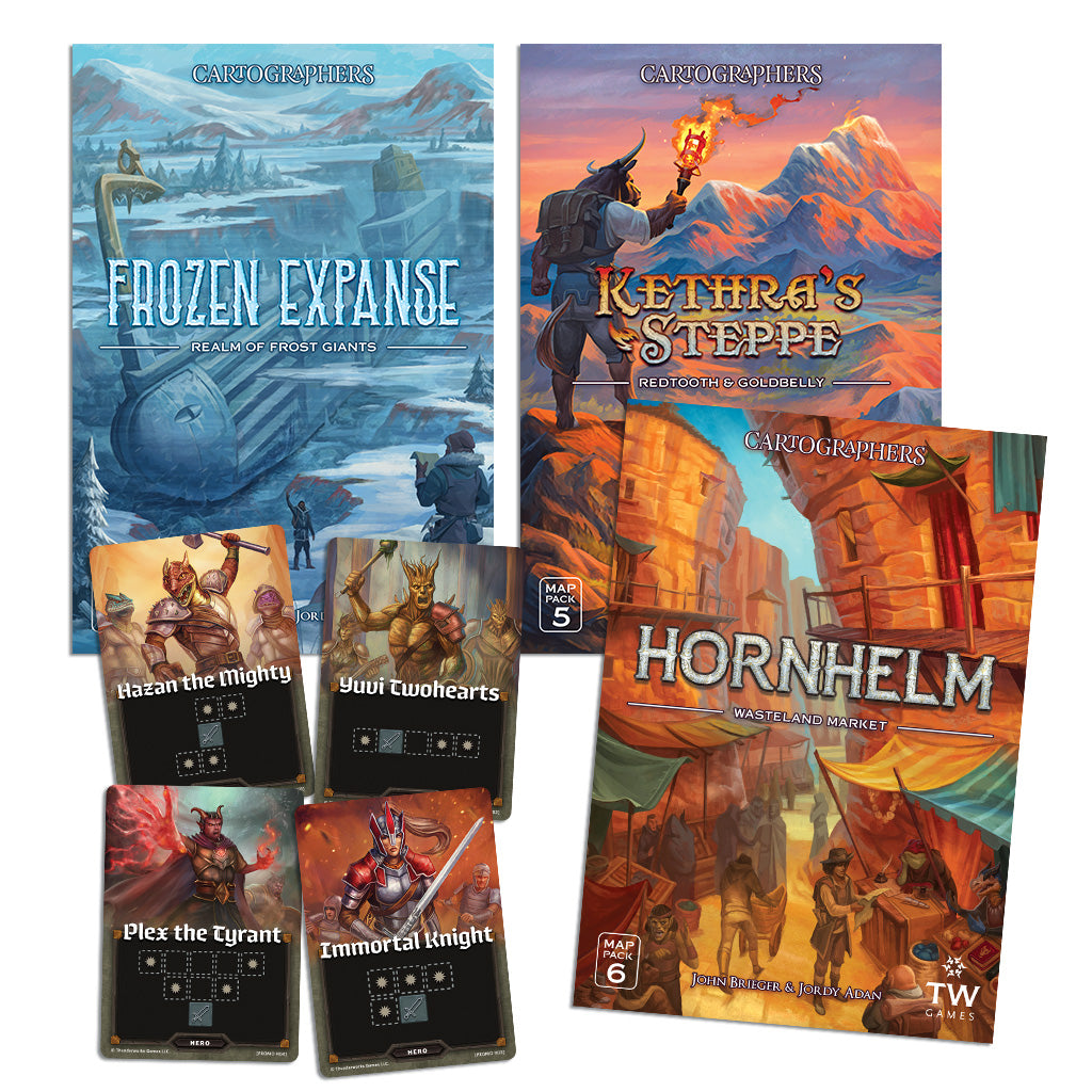 Three Cartographers map pack covers (maps 4-6) and four hero cards
