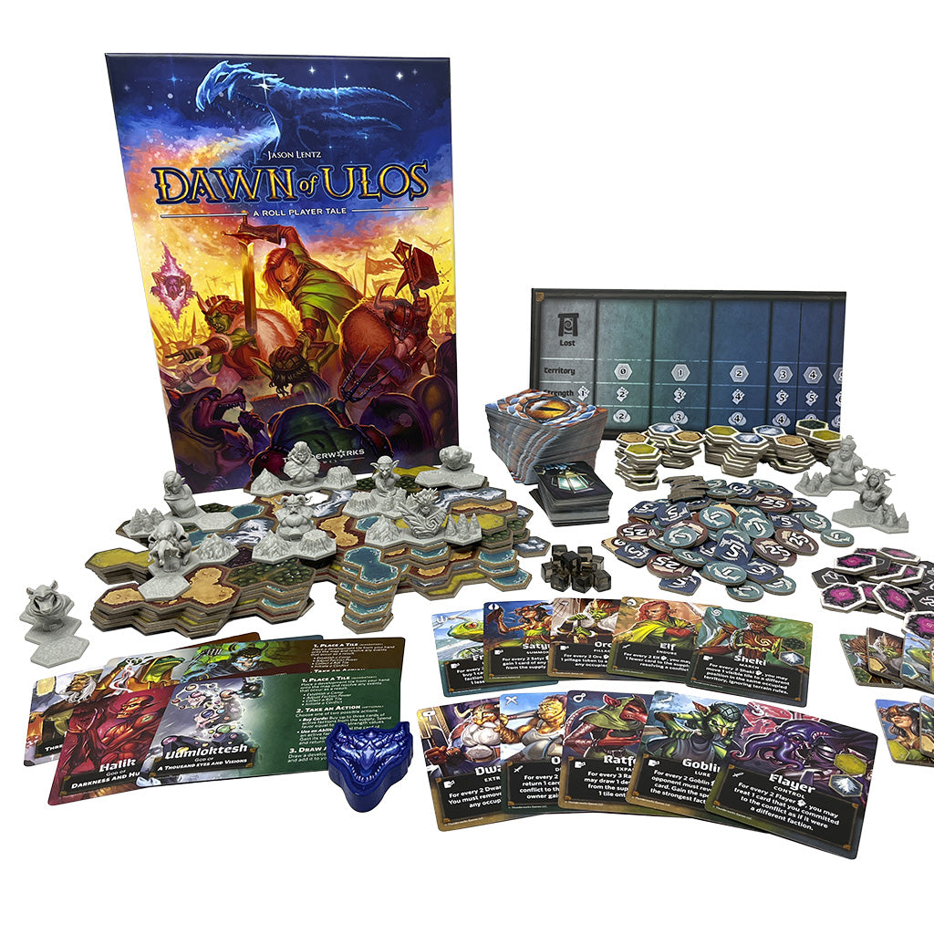 Dawn of Ulos game components on white background