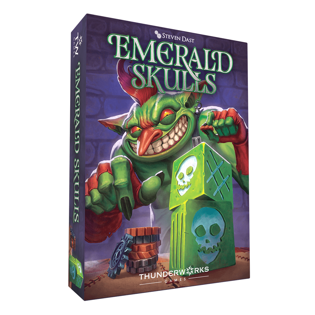 Emerald Skulls board game box with illustration of a green goblin playing with dice and gears