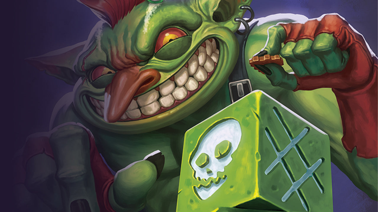Illustration of a grinning goblin holding a gear and looking at green dice