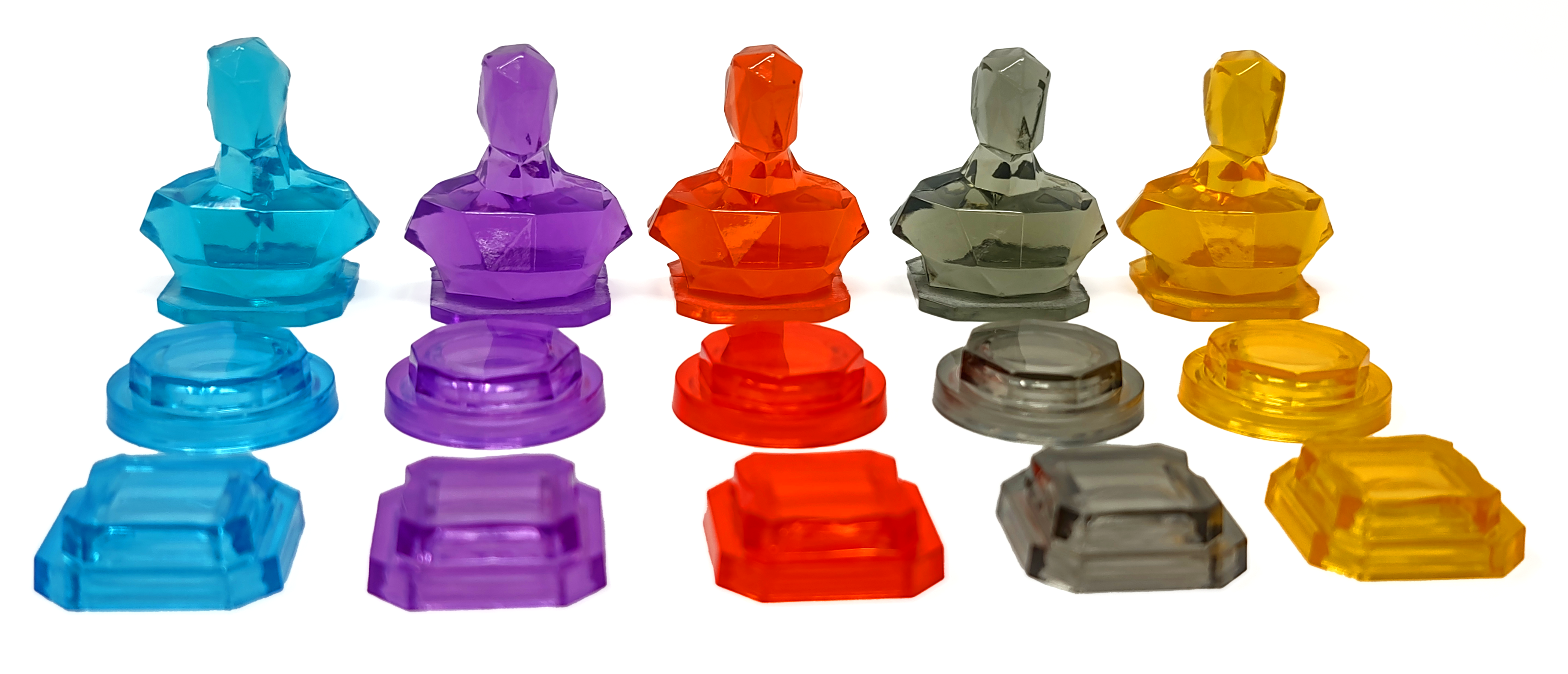 Metrorunner plastic player figures, geometric human busts and stackable tokens in translucent blue, purple, red, black, and yellow