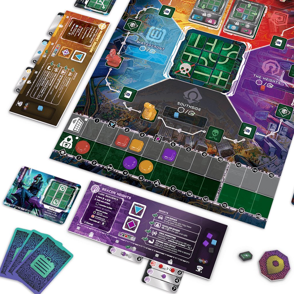 Metrorunner board game board with a game in play, showing player boards, cards, figures, and tokens