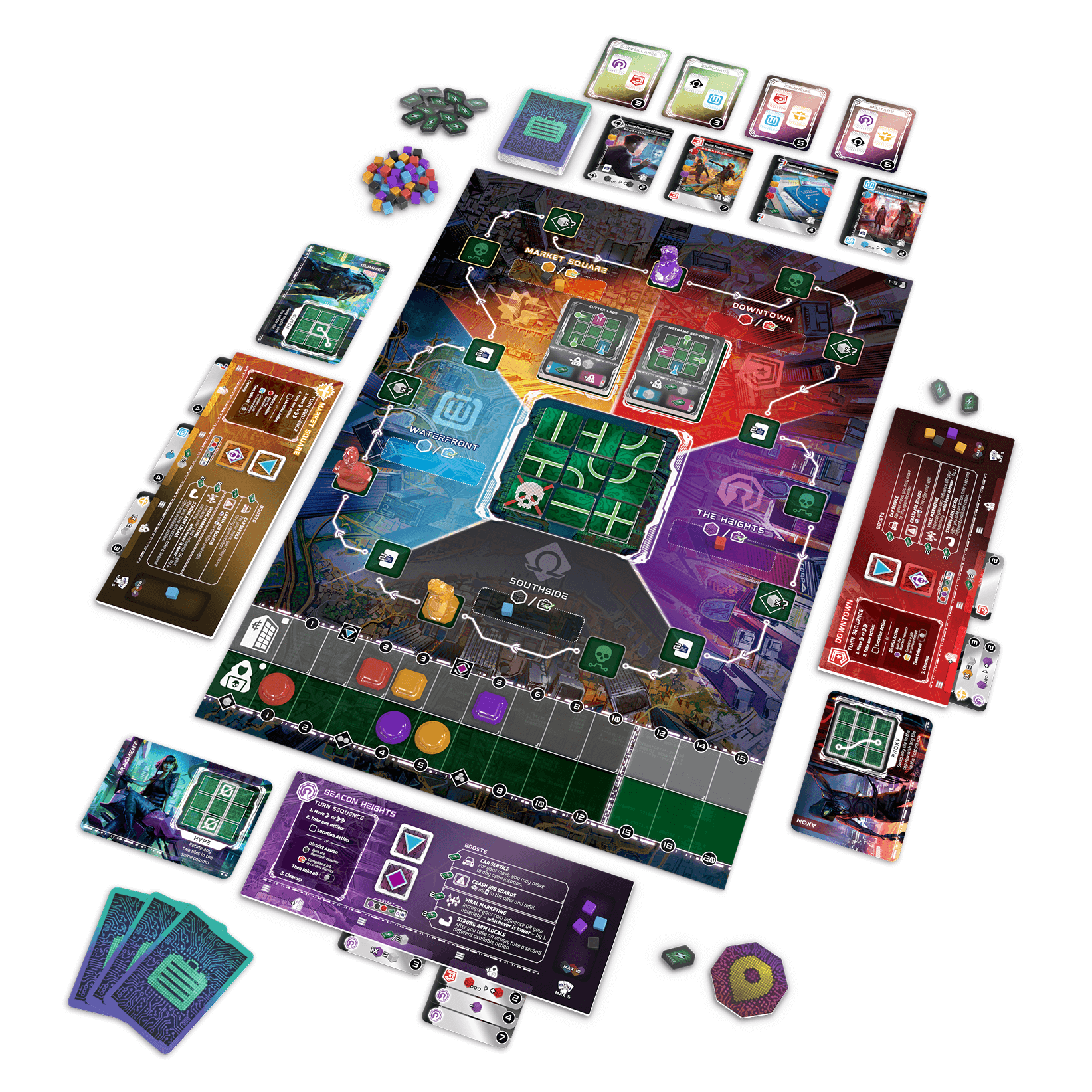 Metrorunner board game board with a game in play, showing player boards, cards, figures, and tokens 