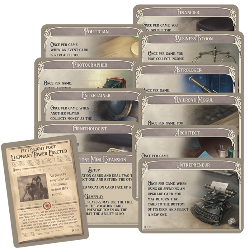 Cape May vocation cards render. 10 vocation cards, 1 rule card, 1 event card