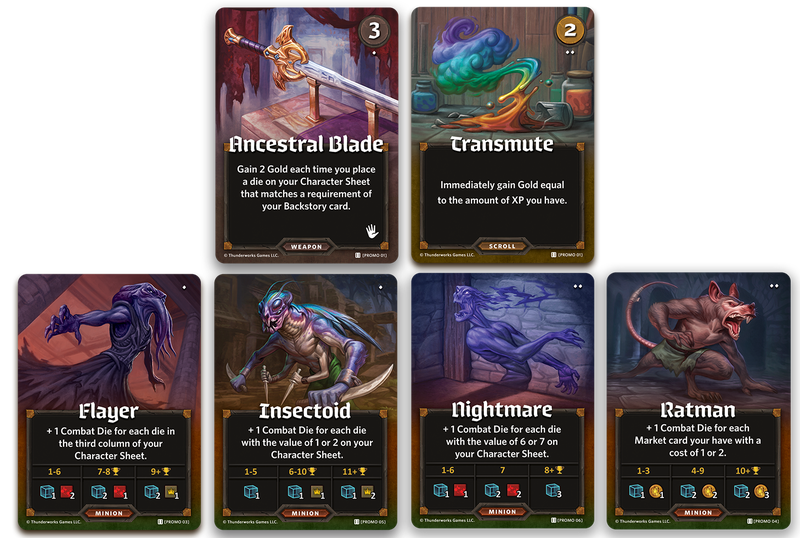 Six card renders for Roll Player. Four Minions and two market cards.