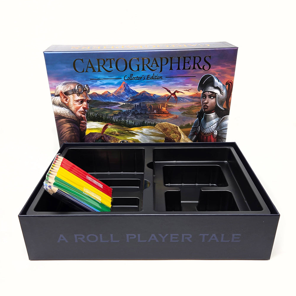 Collectors box for Cartographers, showing plastic tray and colored pencils