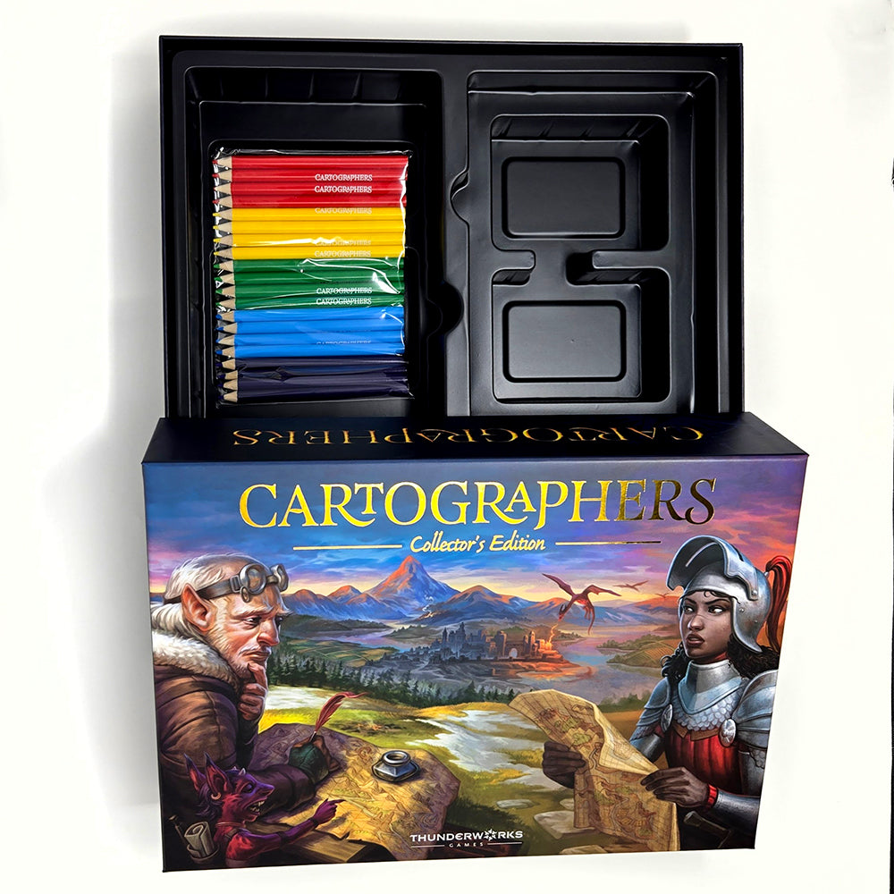 Inside of Collectors box for Cartographers, showing plastic tray and colored pencils