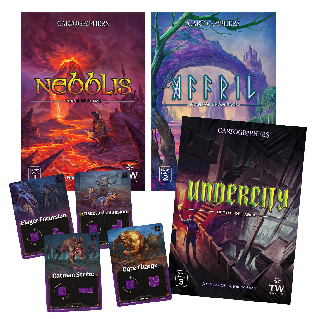 Covers for Cartographers map 1 (Nebblis), map 2 (Affril) and map 3 (Undercity) plus four ambush cards.