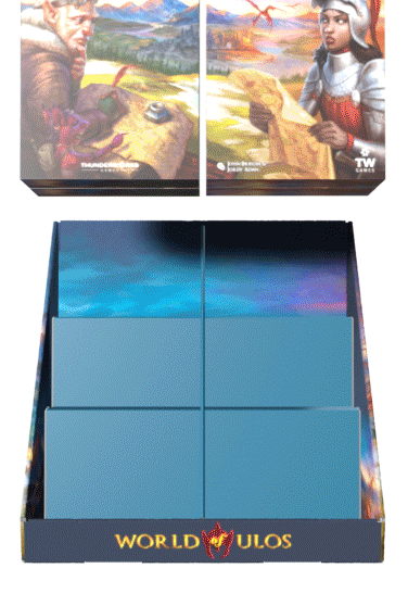 Animated image of a rotating cardboard product stand. Various Cartographers products are placed in the stand. 