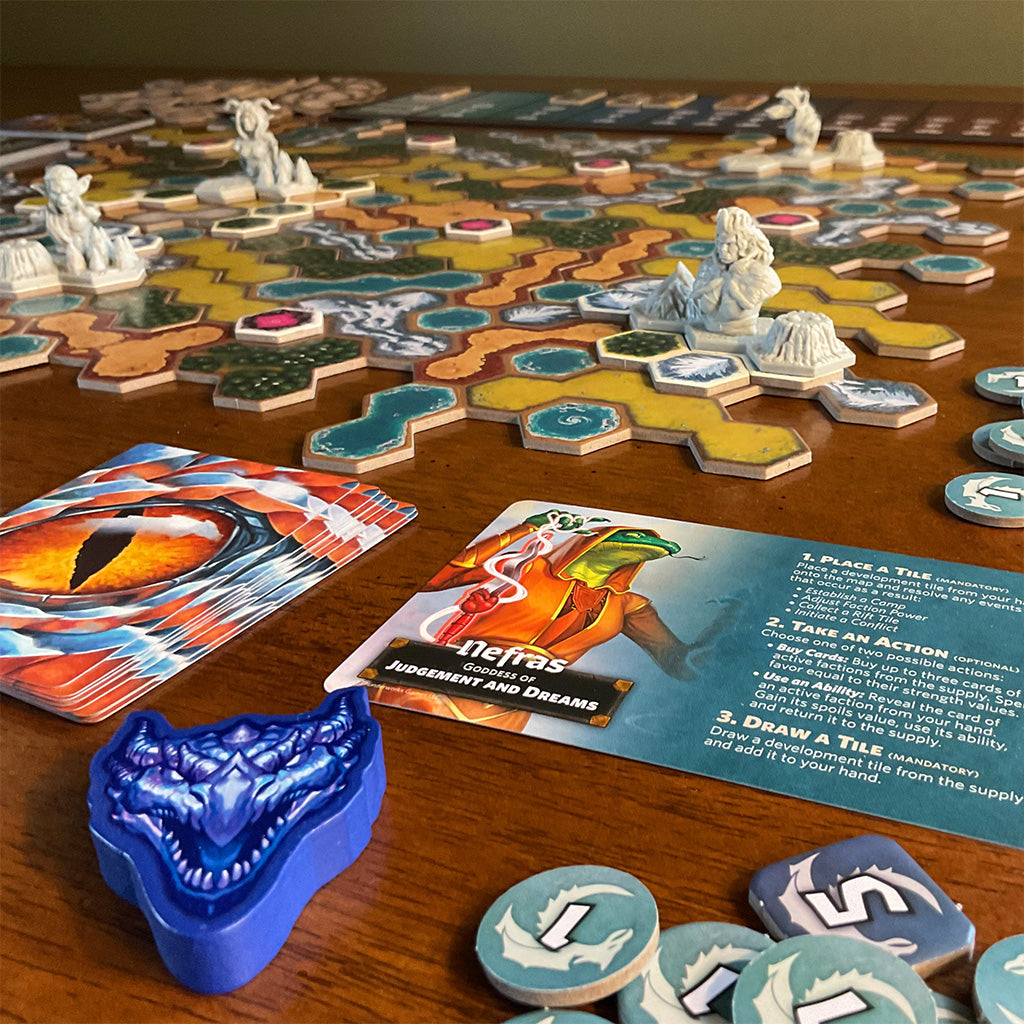 Dawn of Ulos in play, showing one player's pieces and the game board