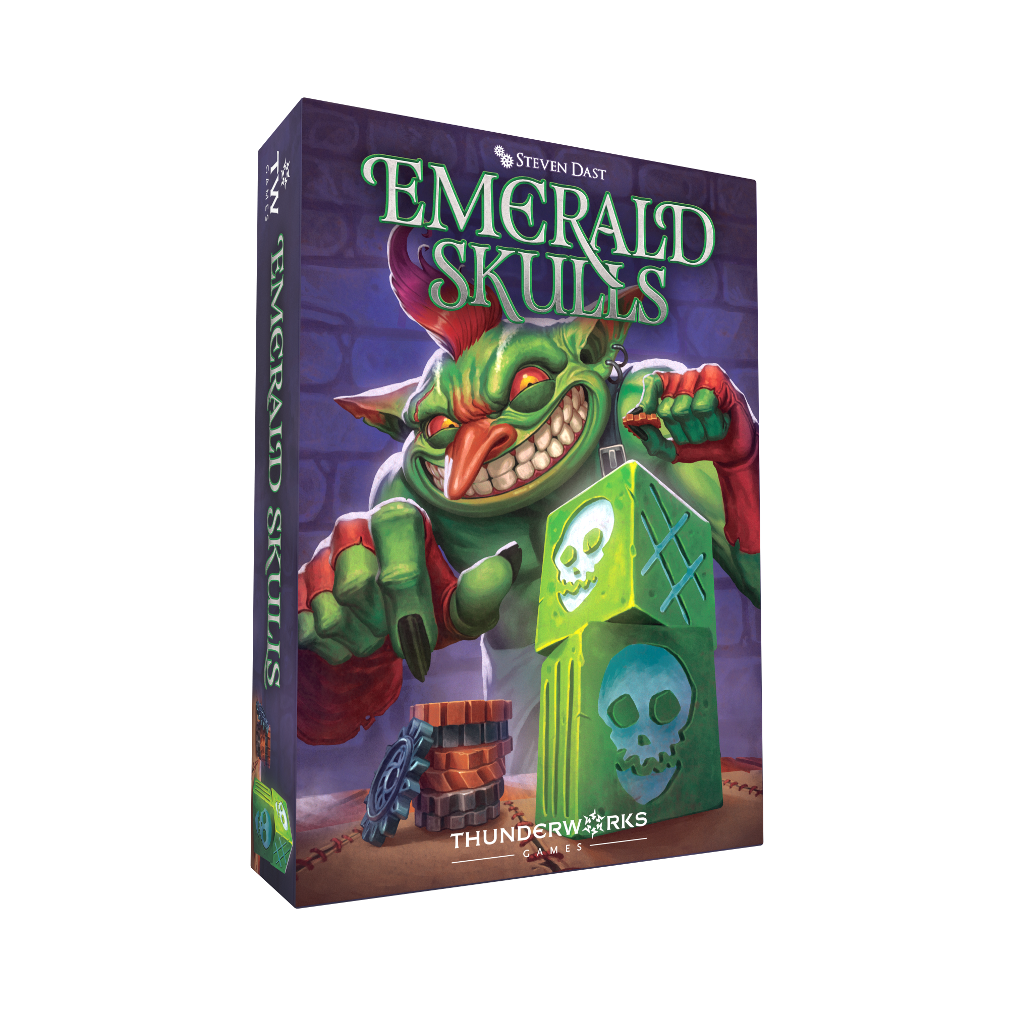 Emerald Skulls board game box with illustration of a green goblin playing with dice and gears