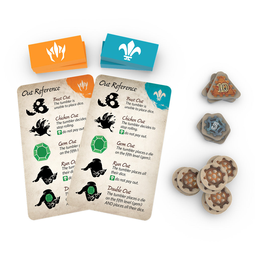 Components for the 7-8 player expansion for Emerald Skulls laid out.