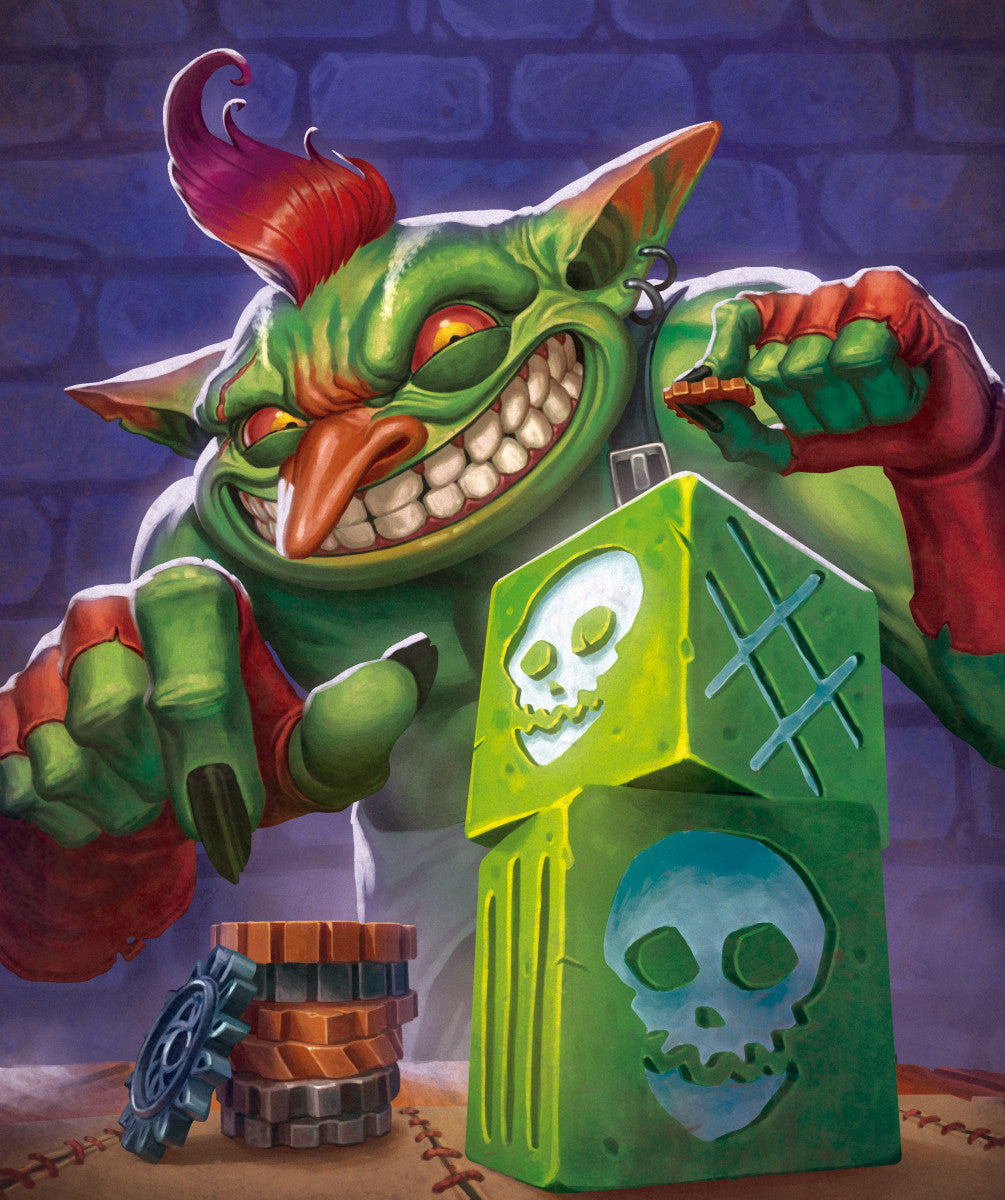 Goblin placing a gear while grinning menacingly at a stack of dice on the table