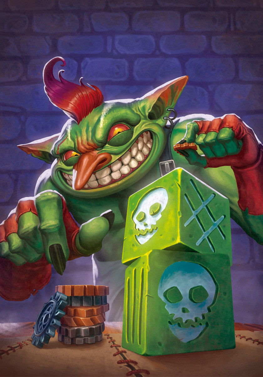 Goblin placing a gear while grinning menacingly at a stack of dice on the table