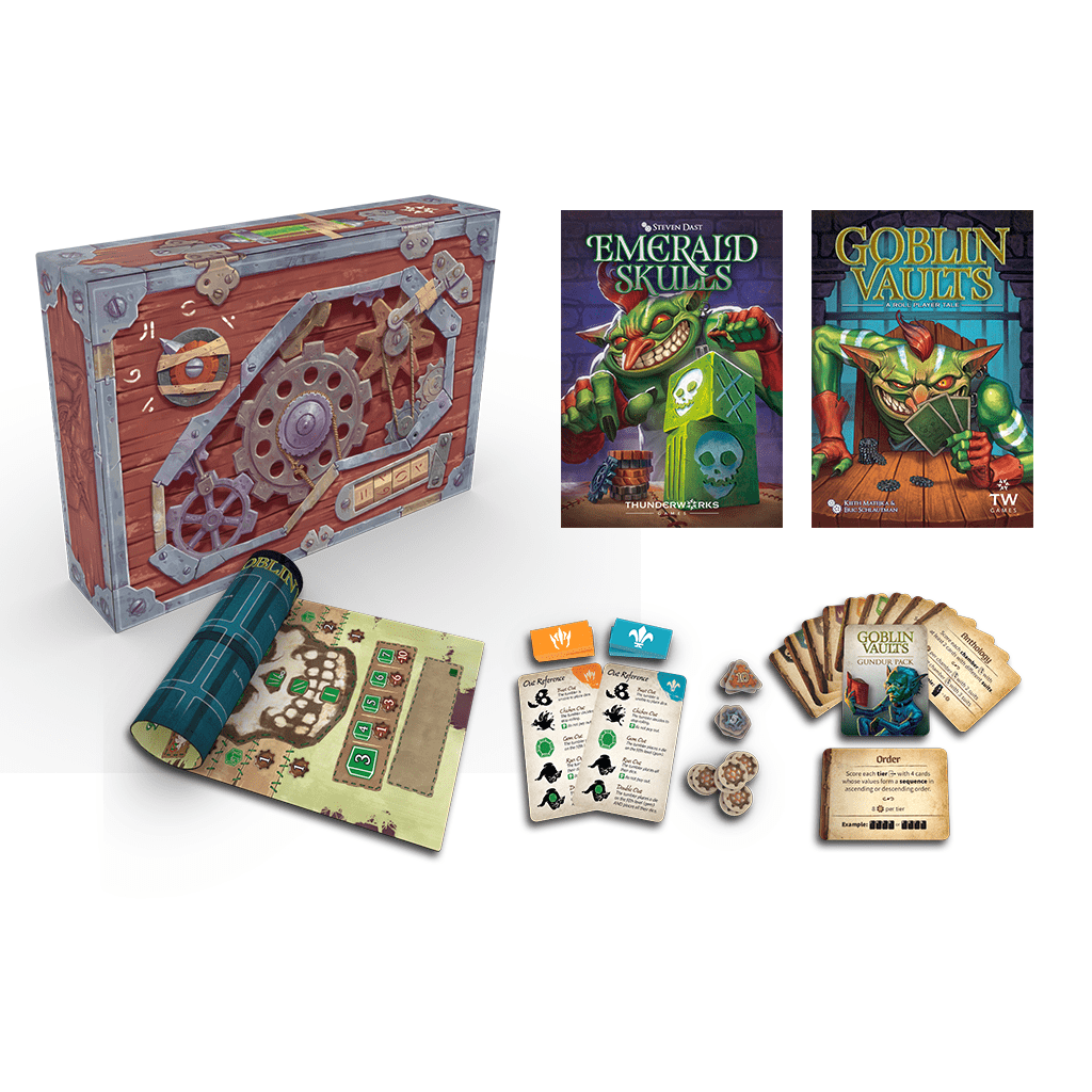 All contents of Swindler's Chest - Emerald Skulls + 7-8 Player Expansion + Goblin Vaults + Gundur Pack + Swindler's Playmat