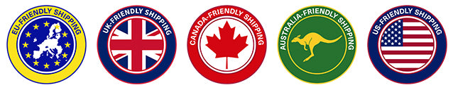 Icons showing friendly shipping in the EU, UK, Canada, Australia, and the US