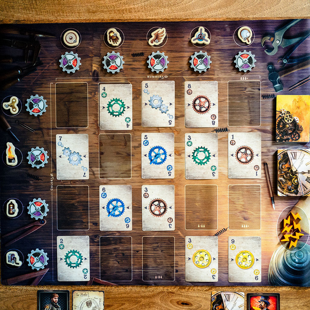 Gearworks components laid out neatly on playmat
