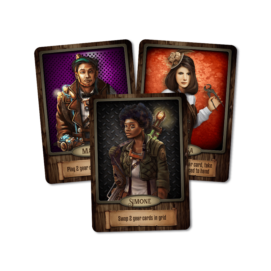 3 promo cards for Gearworks - Simone, Maxx and Melissa