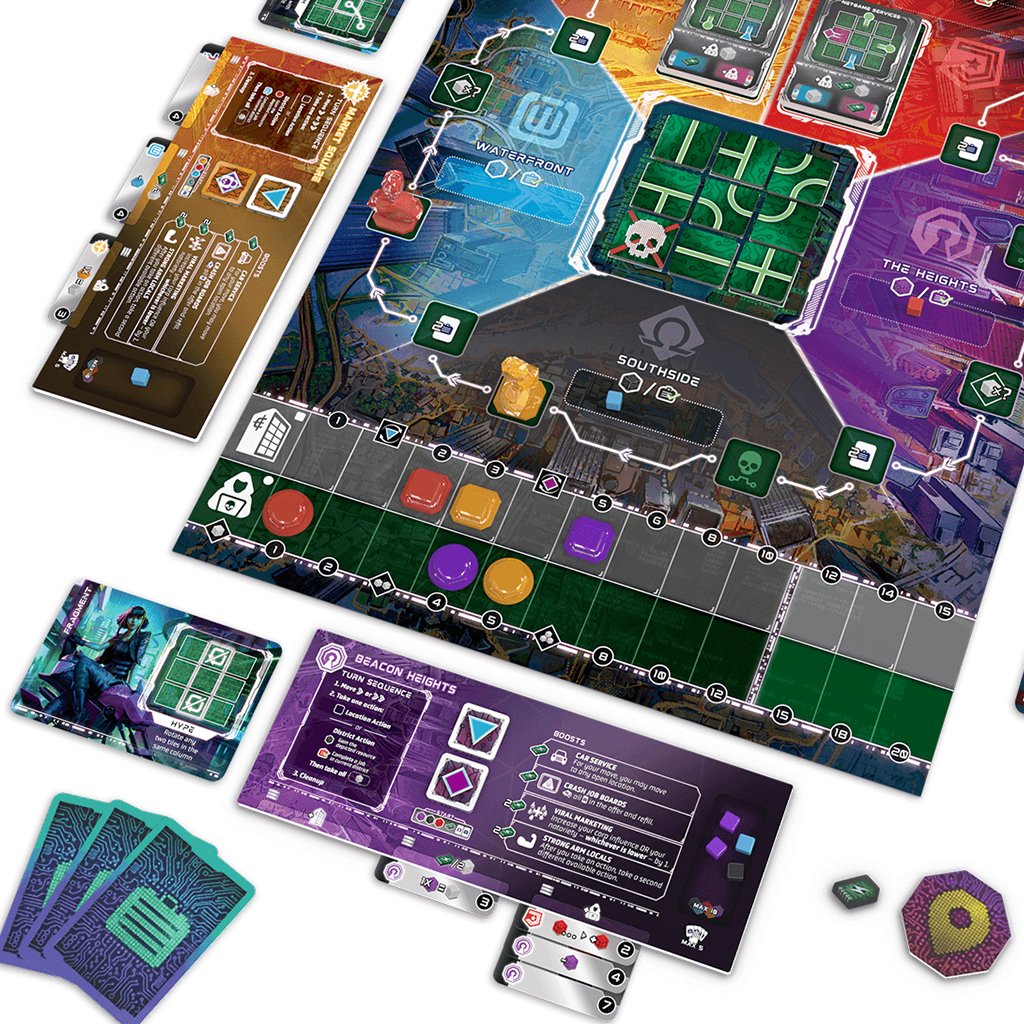 Metrorunner board game board with a game in play, showing player boards, cards, figures, and tokens 