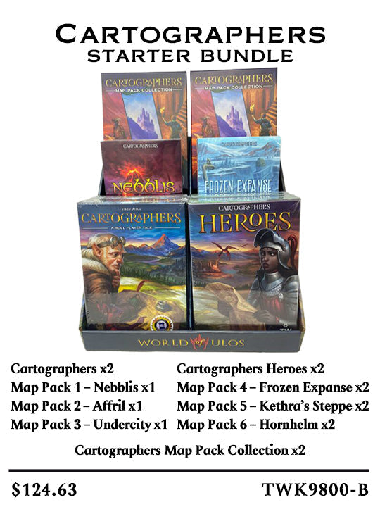 Cardboard stand with various cartographers products. Shows a configuration focusing on boxed games..