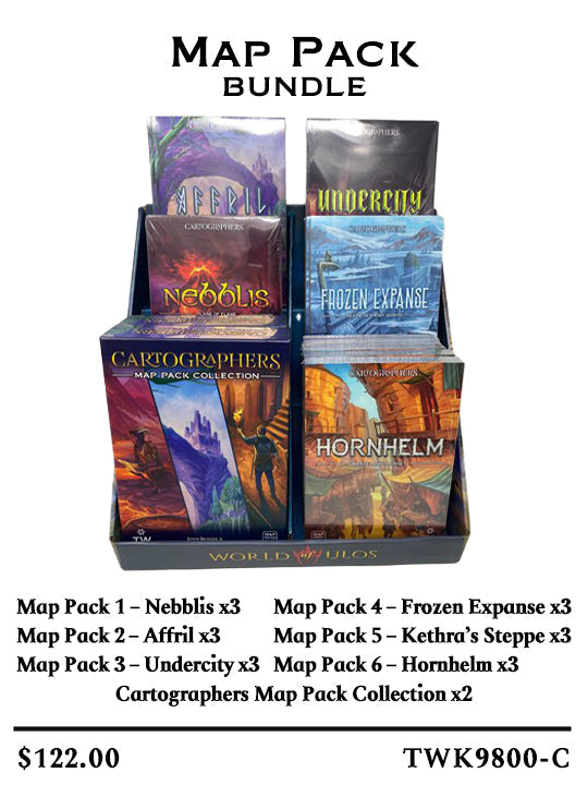Cardboard stand with various cartographers products. Shows a configuration with many map packs.