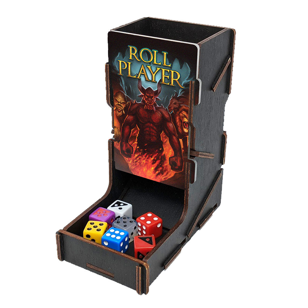 Roll Player dice tower showing the Fiends & Familiars artwork with dice