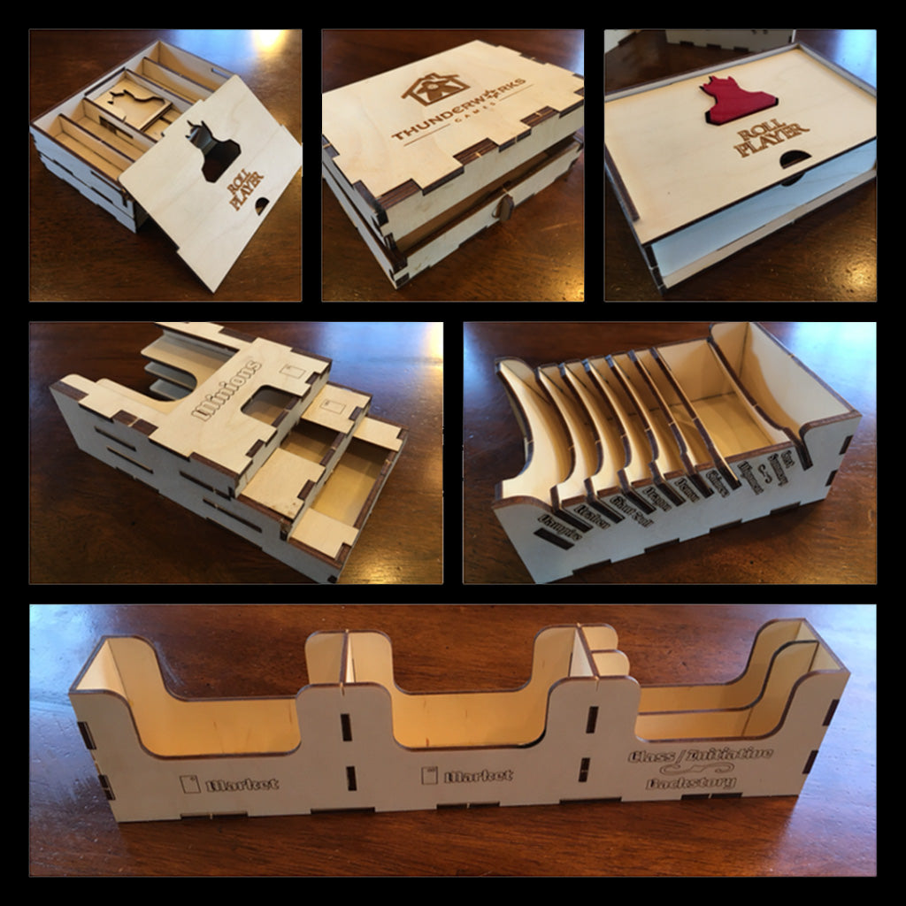 Collage of 6 images showing wood insert for Roll Player.