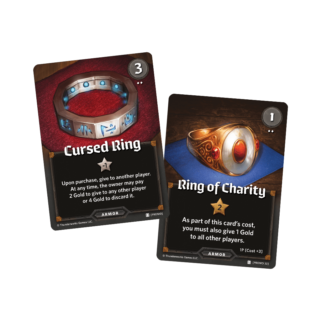 2 promo market cards for Roll Player, the Cursed Ring and Ring of Charity