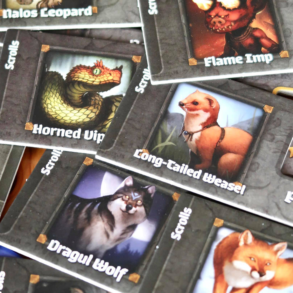 Pile of familiars you can enlist in Roll Player: Fiends & Familiars, including a wolf and a weasel