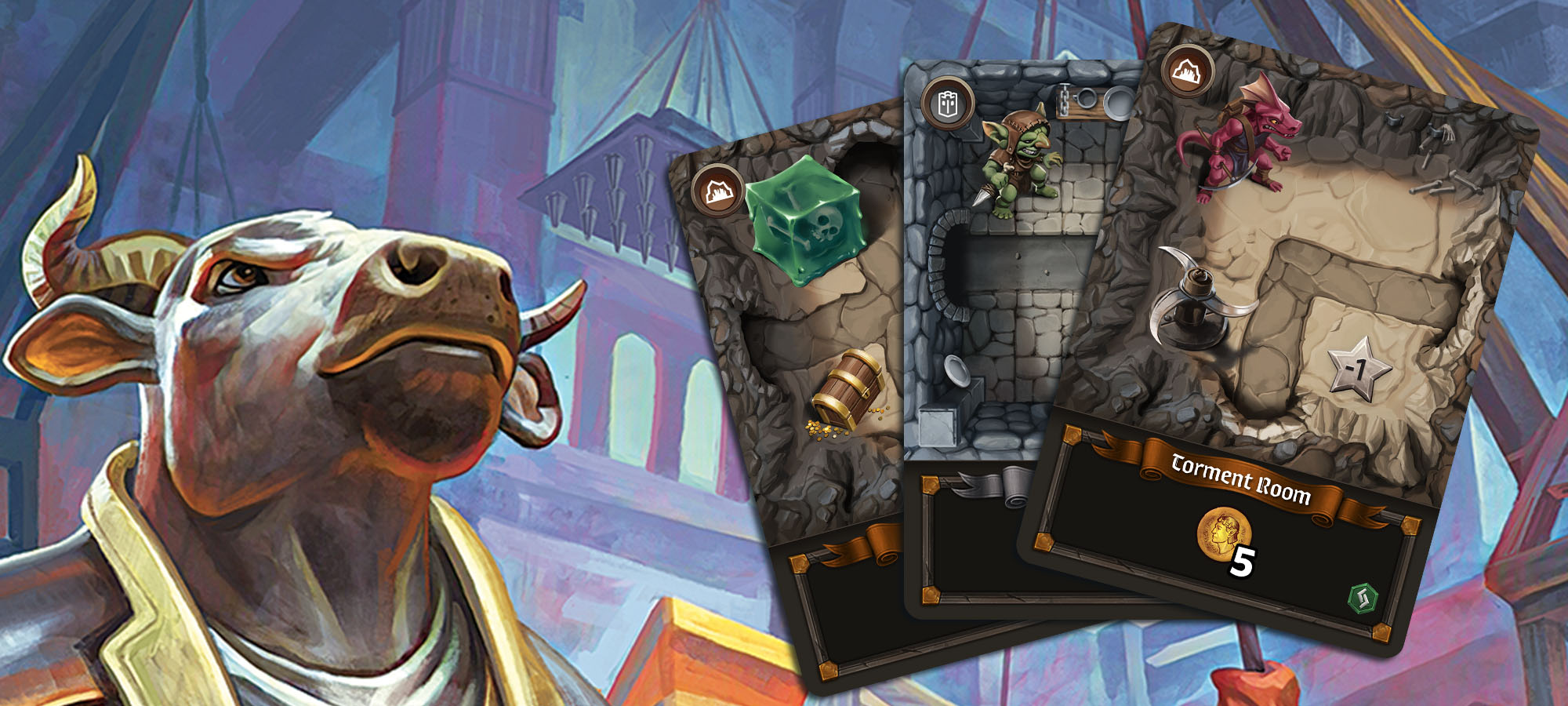 Illustrated minotaur and three Stonespine Architects cards