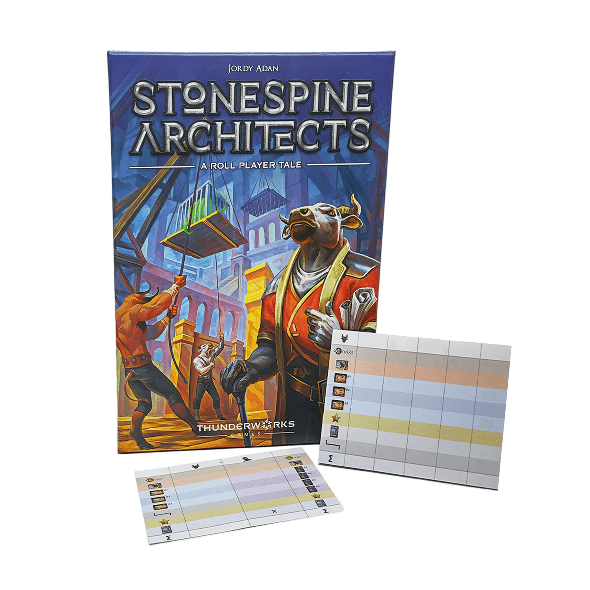 Scorepad sheets shown together with Stonespine Architects board game box