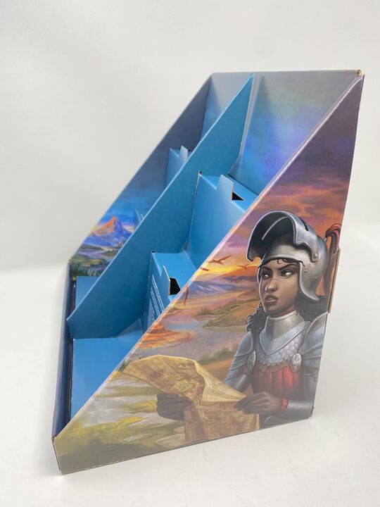 Left side view of the World of Ulos cardboard product stand.