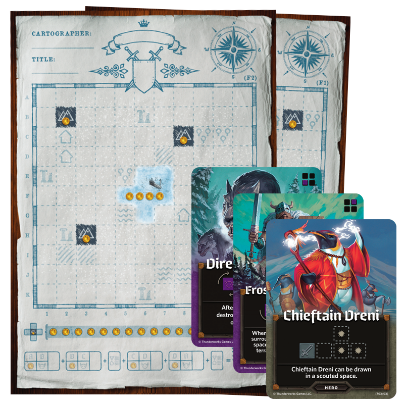 Cartographers Map Pack 4 components - Map Sheet, Hero Card, and two Ambush Cards