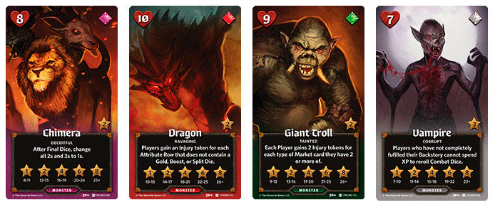 Four monster cards from Roll Player