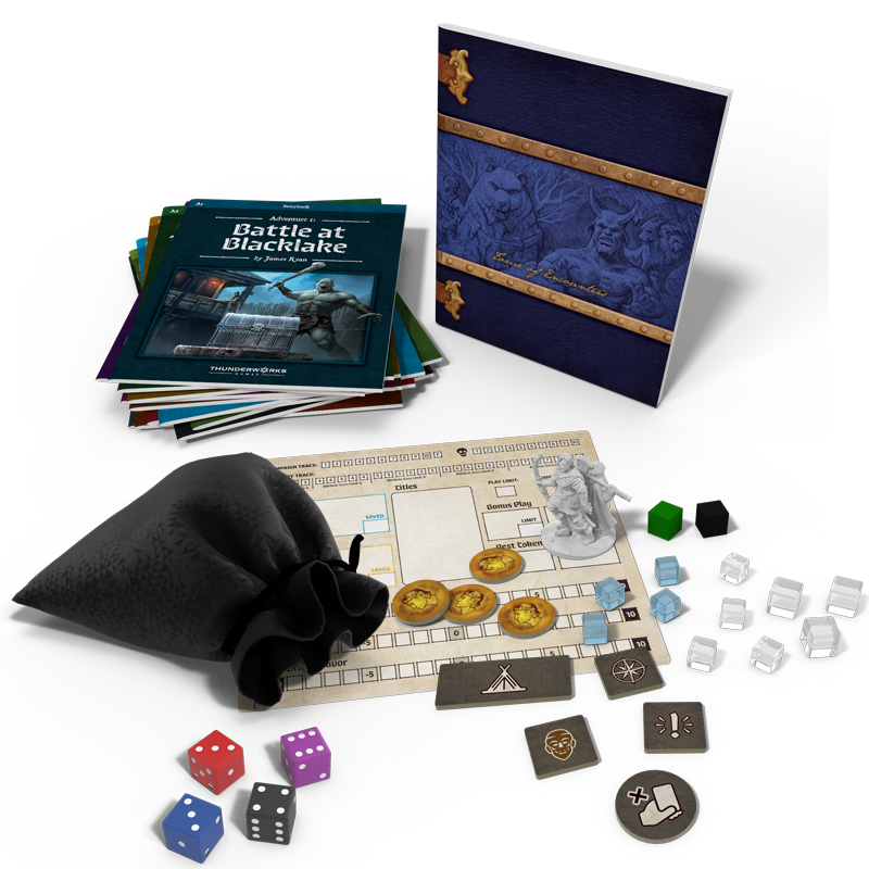 Roll Player Adventures components - Storybooks, Party Journal and dice