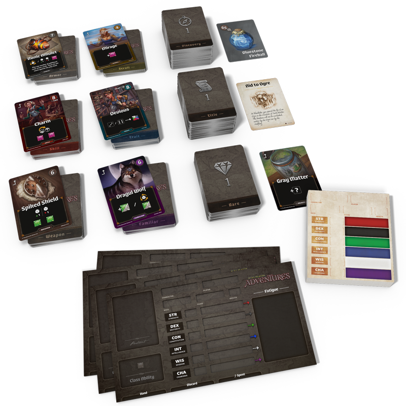 Roll Player Adventures components - Character sheets and card decks