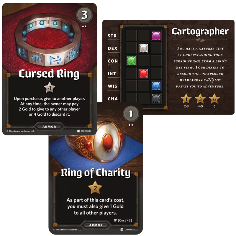 Roll Player promo card render: Cursed Ring, Ring of Charity, and Cartographer Backstory card.