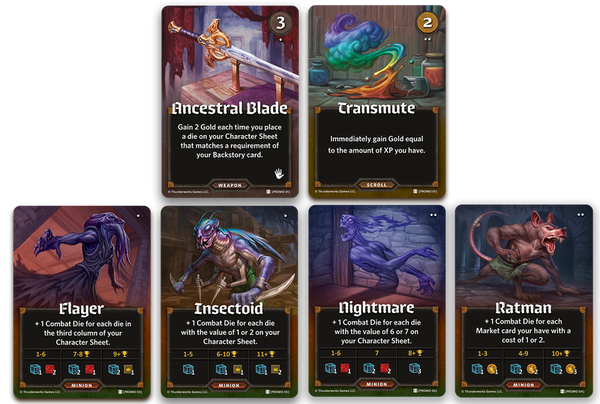Six card renders for Roll Player. Four Minions and two market cards.